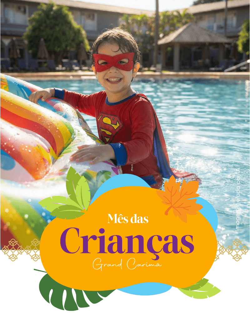 Criança fantasiada de super-herói sorrindo em uma boia colorida na piscina do Grand Carimã Resort. Banner promocional do Mês das Crianças com diárias a partir de R$ 439,65.